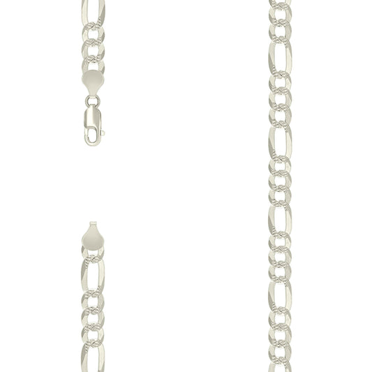 925 Sterling Silver Pave Super Flat Figaro Chain Silver 180 7.7mm