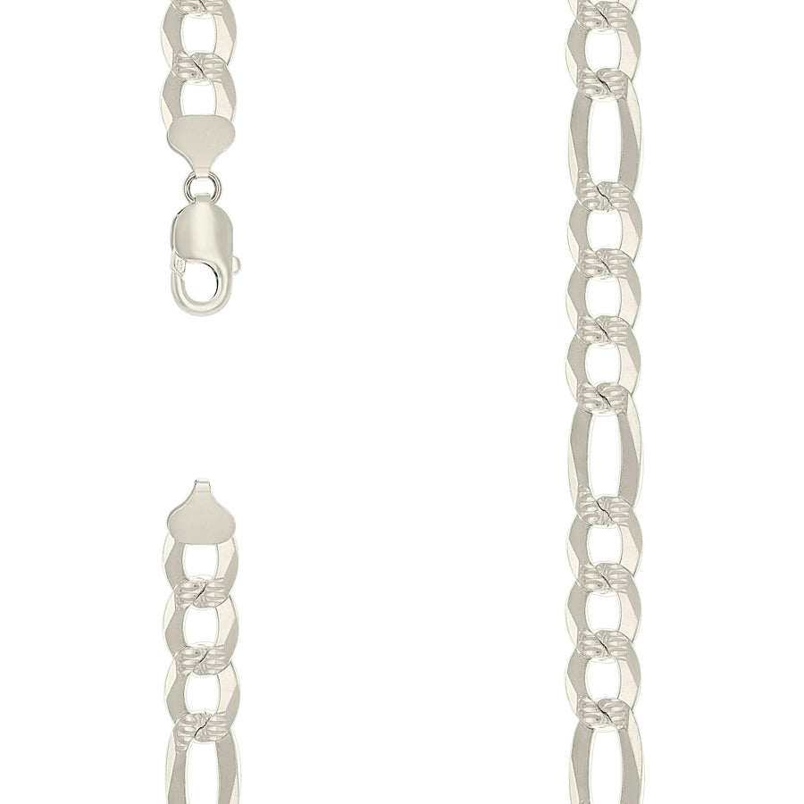 925 Sterling Silver Pave Super Flat Figaro Chain Silver 300 11.5mm