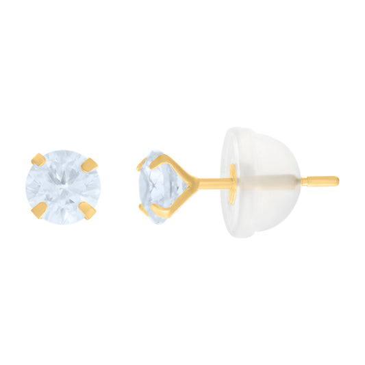 14Kt 4mm Round Cz Stud Prong Earring W/ Silicone Backing