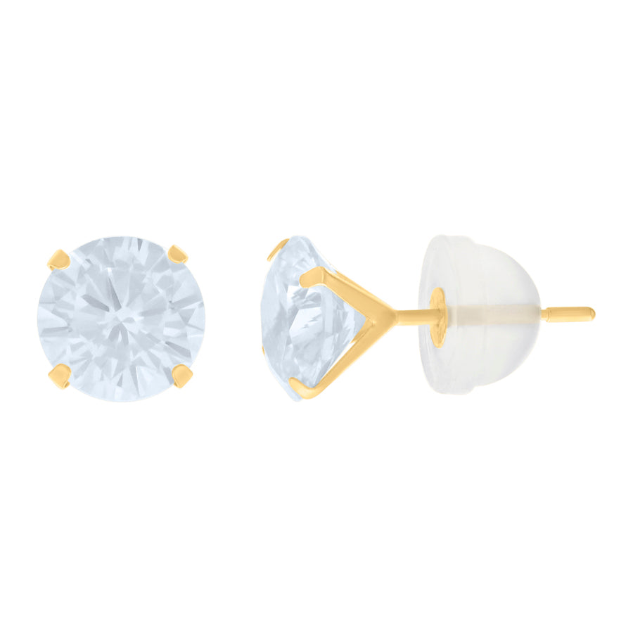 14Kt 6mm Round Cz Stud Prong Earring W/ Silicone Backing