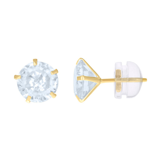 14Kt 7mm Round Cz Stud Prong Earring W/ Silicone Backing