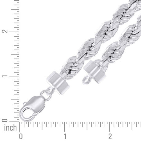 925 Sterling Silver Hollow Rope Chain Rhodium 190 10mm