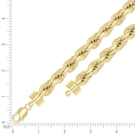 925 Sterling Silver Hollow Rope Chain Yellow 230 12mm
