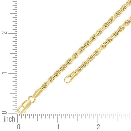 925 Sterling Silver Hollow Rope Chain Yellow 080 4mm