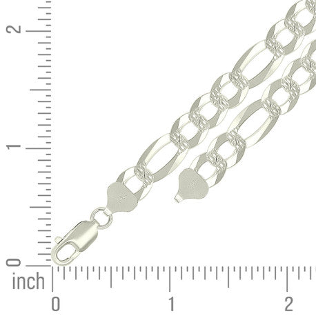 925 Sterling Silver Pave Super Flat Figaro Chain Silver 200 8.6mm