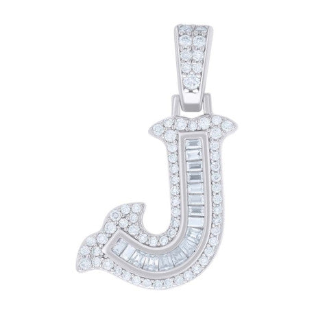 925 Silver Pendant "J" Moissanite 0.50Ct, Baguette