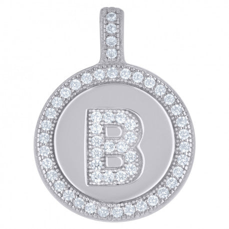 925 Sterling Silver Cz Pendant Disc Initial B