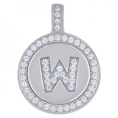 925 Sterling Silver Cz Pendant Disc Initial W