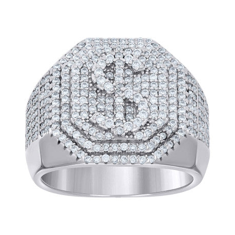 925 Sterling Silver Mens 1.58ct Moissanite Octagon Head Dollar Sign Currency Ring