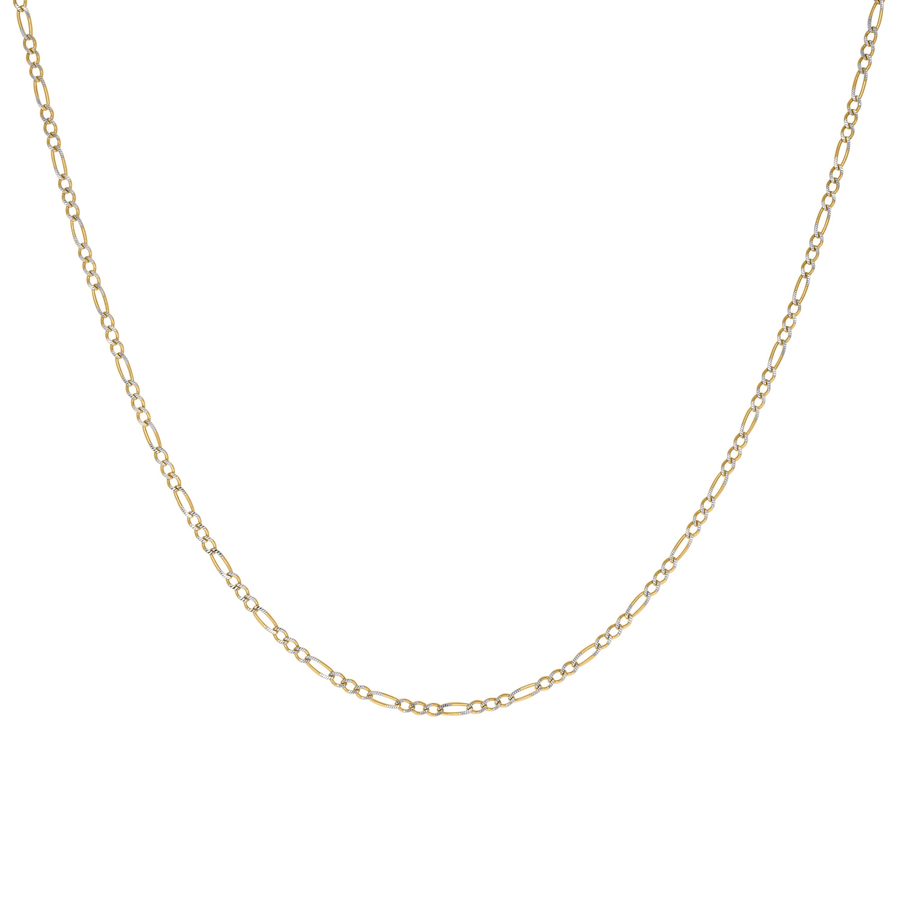10K Yellow and White Gold Solid Pave Figaro Chain 050 2.00mm