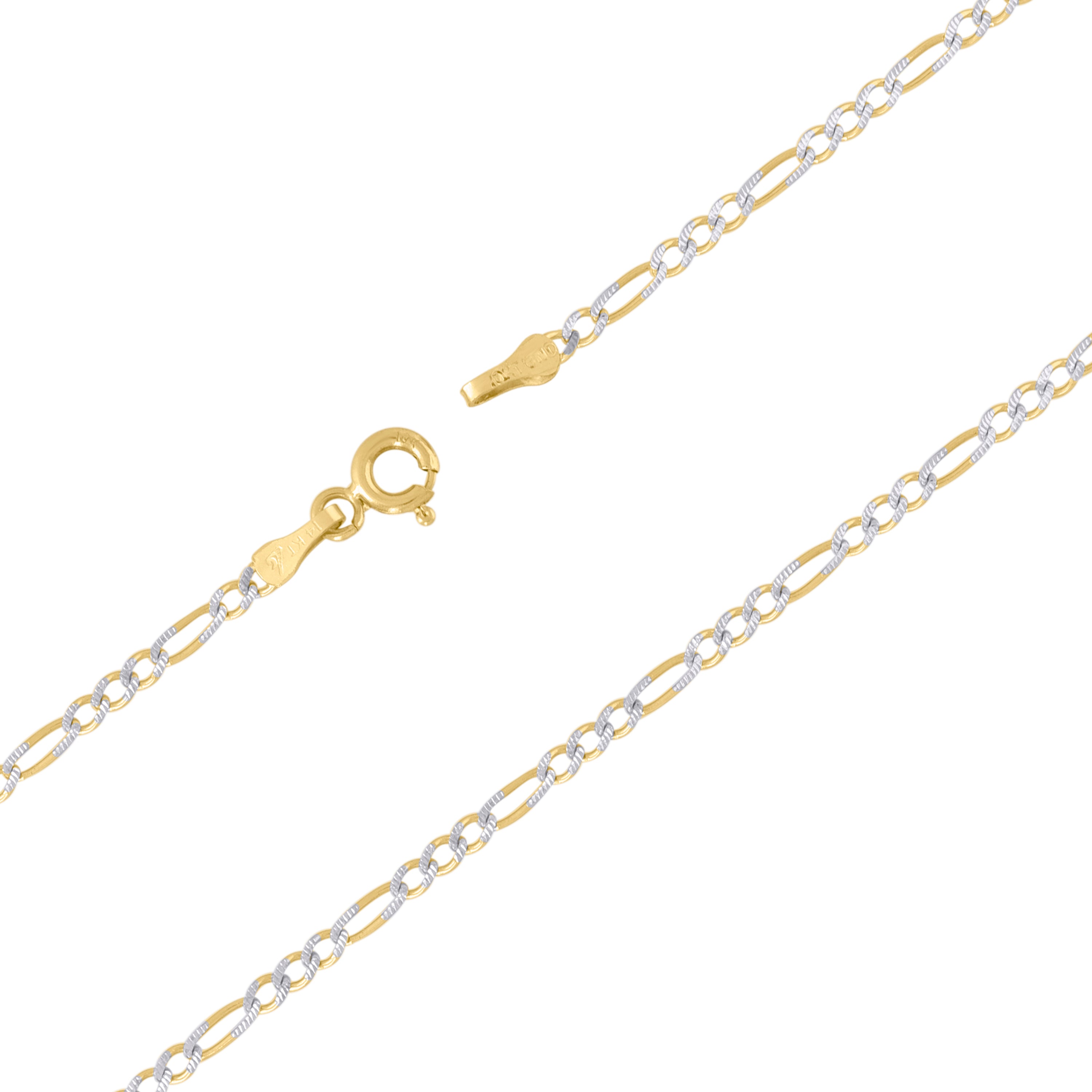 10K Yellow and White Gold Solid Pave Figaro Chain 050 2.00mm