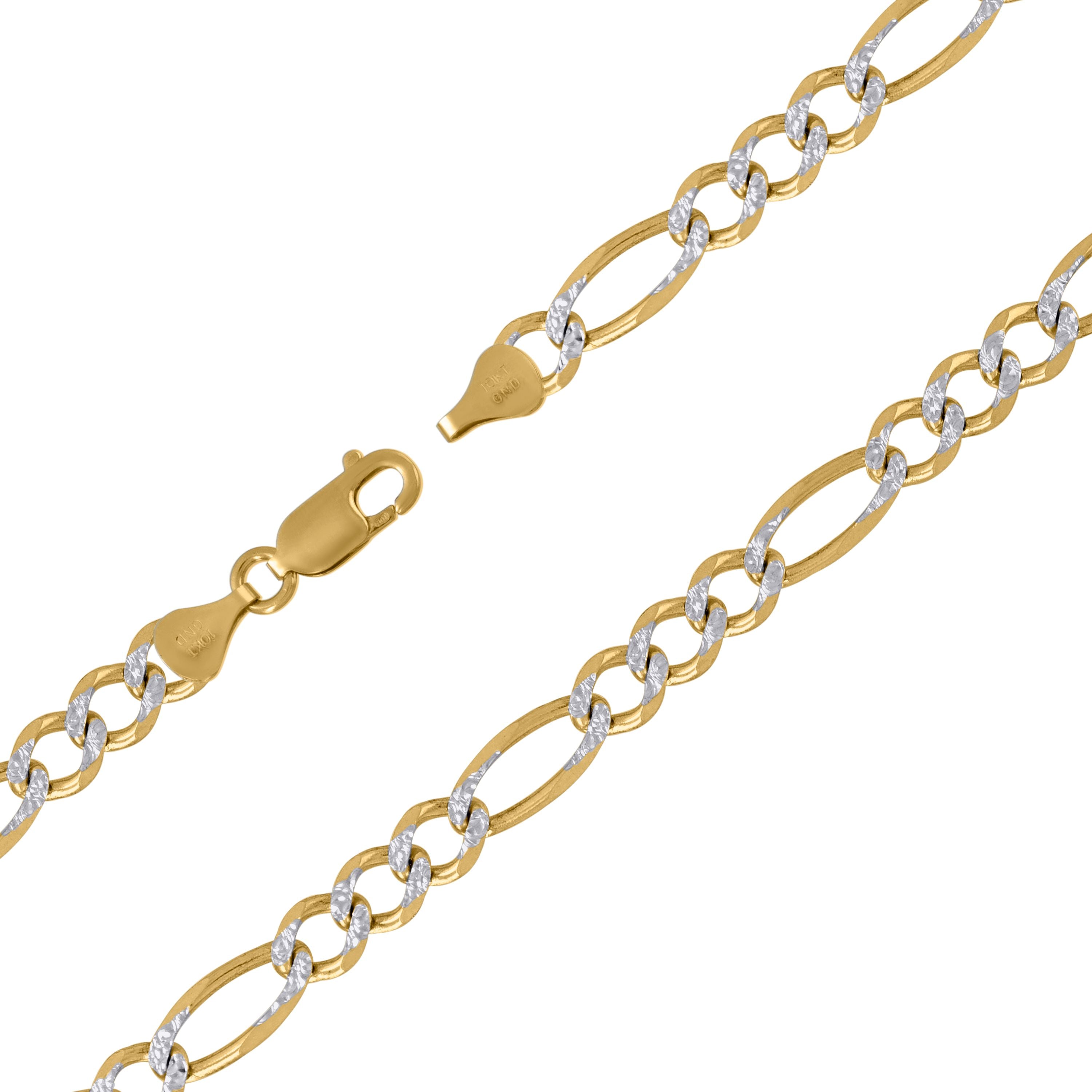 10K Yellow And White Gold Solid Pave Figaro Chain 150 6.60mm