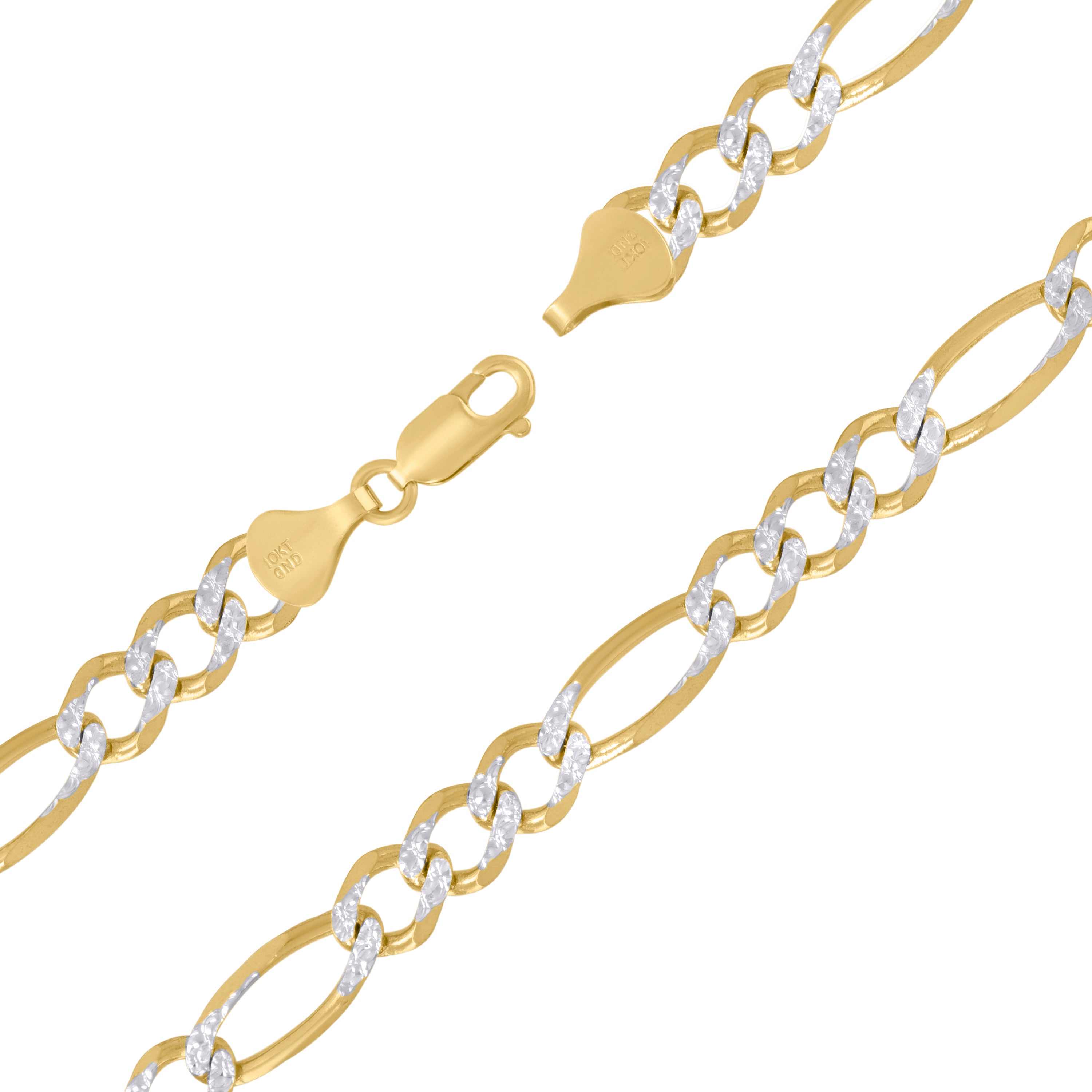 10K Yellow And White Gold Solid Pave Figaro Chain 180 8.00mm