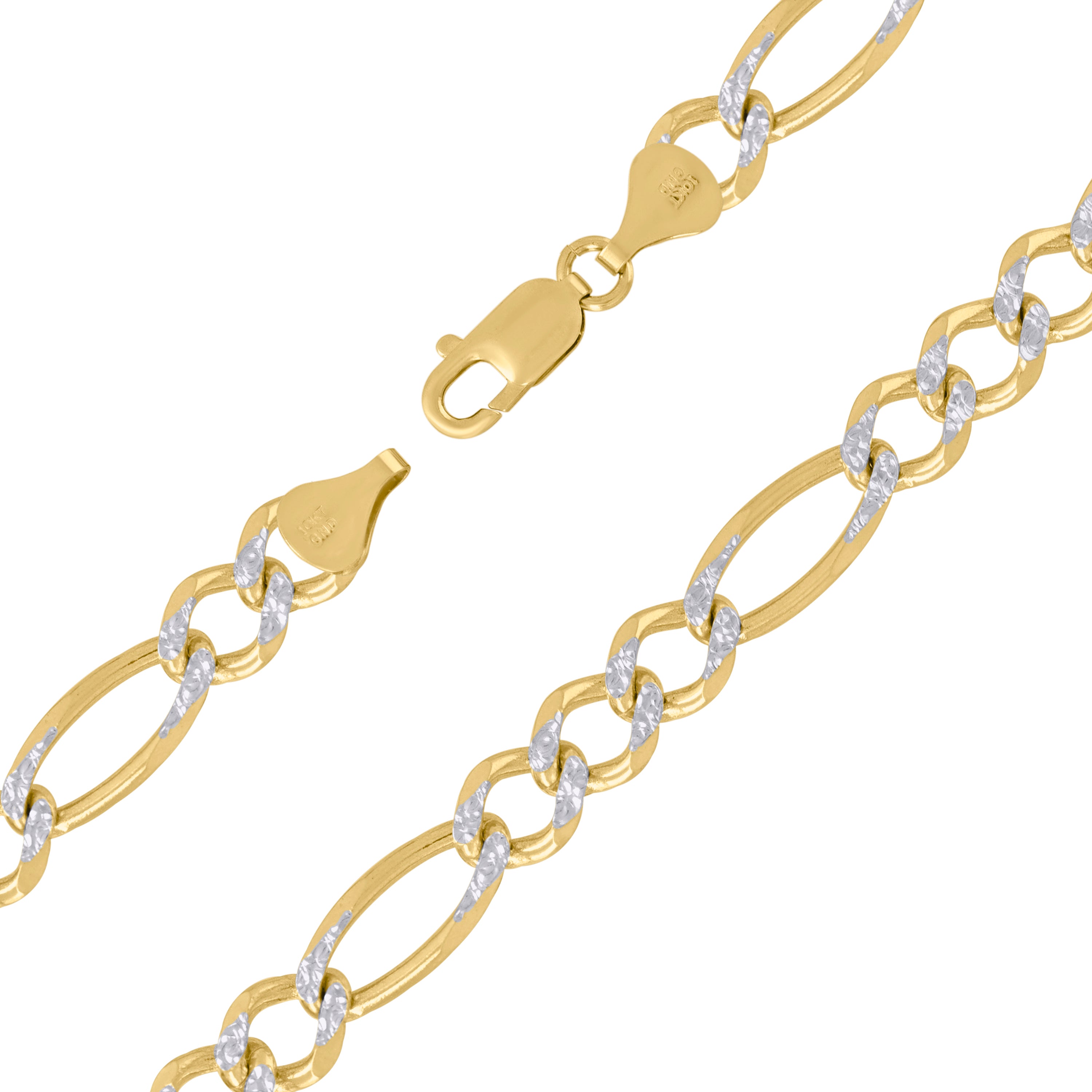 10K Yellow And White Gold Solid Pave Figaro Chain 210 9.00mm